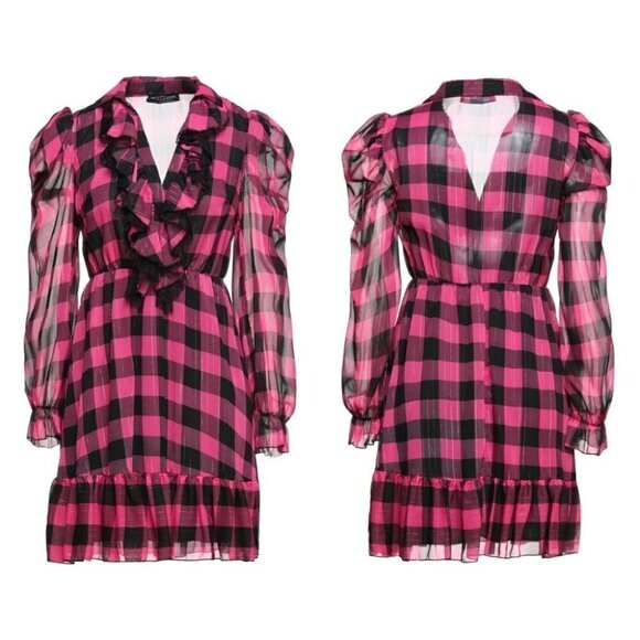 Vanessa Scott pink ruffle tunic dress tartan print long sleeves dress size M - Picture 1 of 14